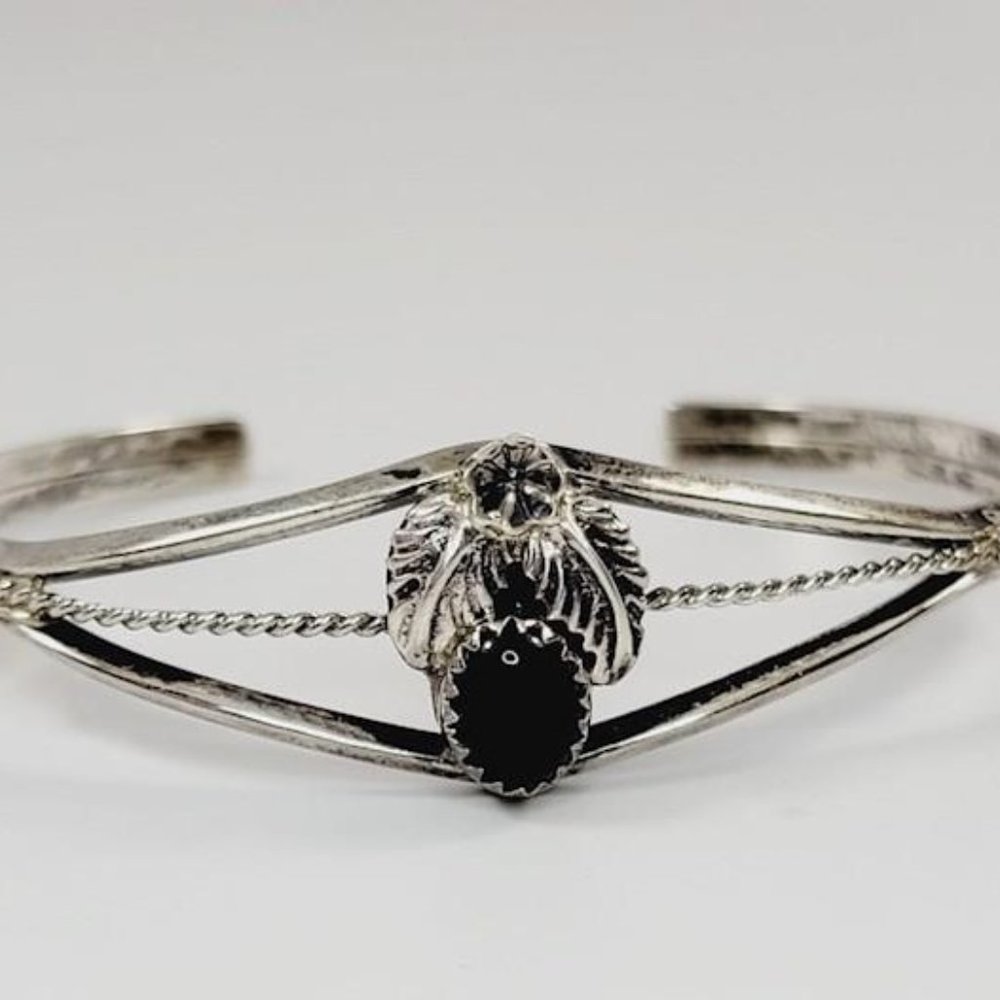 S.L. Signed SW Style 925 Silver & Onyx Cuff Bracelet